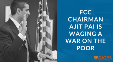 FCC Chairman Pai with the text &quot;FCC Chairman Ajit Pai is waging a war on the poor&quot;